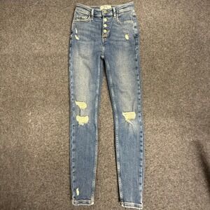 Free People High Waisted Distressed Button Fly Skinny Jeans Womens Size 25 Blue